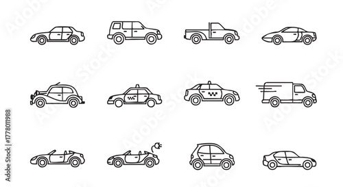 Set of various car model line icons on white background vector