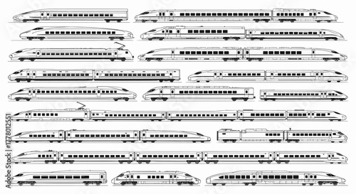 A comprehensive collection of modern high-speed bullet trains. Railway public transport vector illustration set