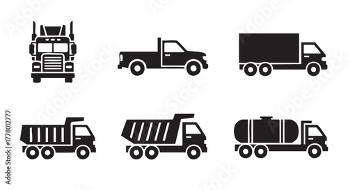 Variety of commercial trucks silhouette icons isolated on white background
