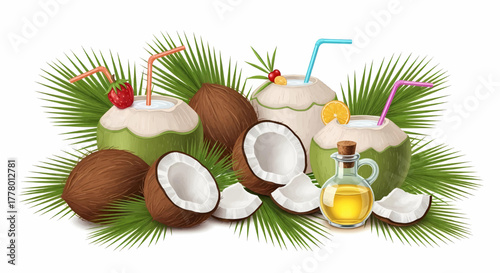 A realistic composition of whole and split coconuts, refreshing drinks, and oil on palm leaves vector illustration