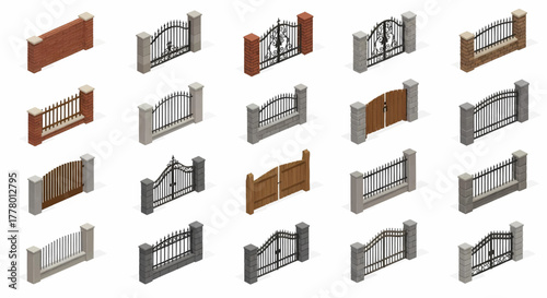 An isometric set of various fence gates with brick and stone pillars for private property, vector illustration