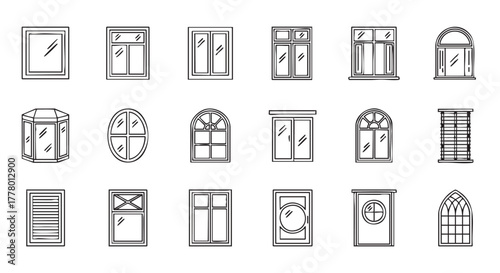 Variety of window styles hand drawn line art collection isolated