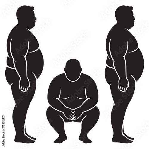 Silhouettes of overweight men in different poses isolated on white background