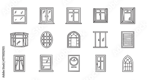 Variety of window styles in black and white line art illustration