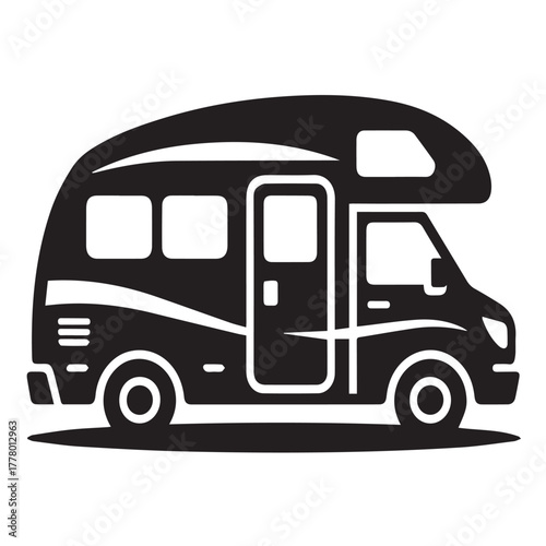Black and white illustration of a recreational vehicle isolated on white background