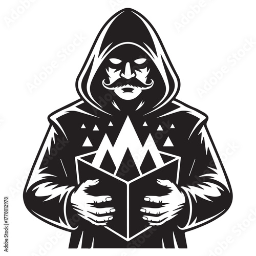 Illustration of a hooded wizard reading a book isolated on white background