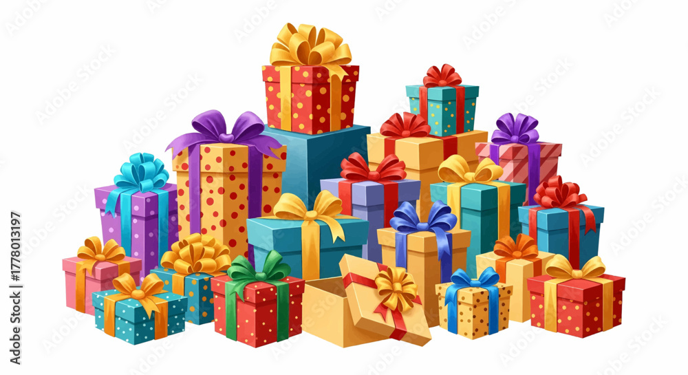 Obraz premium Large group of beautifully wrapped colorful presents and gift boxes with bows, a festive vector illustration