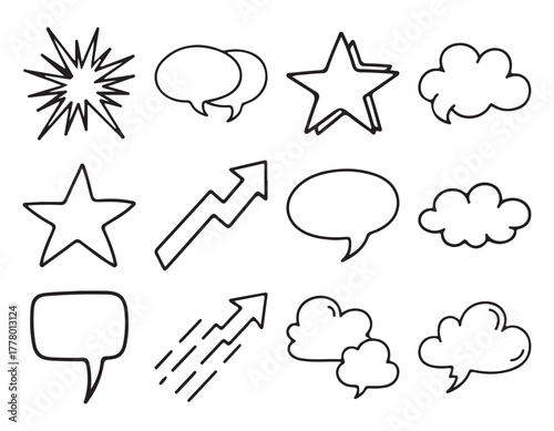 Hand Drawn Doodle Elements Collection with Stars Clouds and Speech Bubbles
