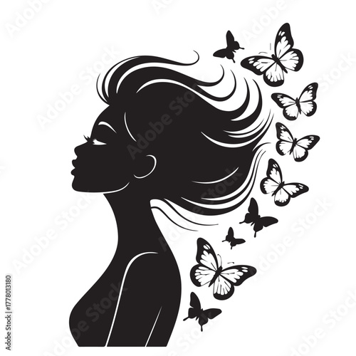 Silhouette of a woman with butterflies flying around her isolated on white background