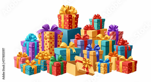 Large group of beautifully wrapped colorful presents and gift boxes with bows, a festive vector illustration