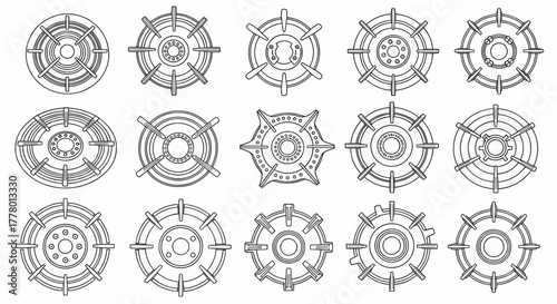 Assorted designs of nautical ship wheels and marine helms in a clean outline style, navigation concept vector illustration