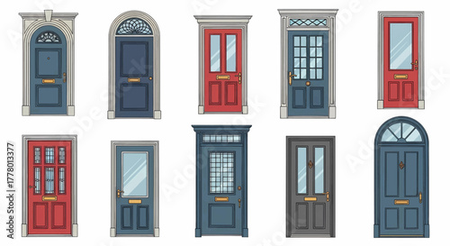 Collection of classic and modern front entrance doors in red and blue, a detailed vector illustration set