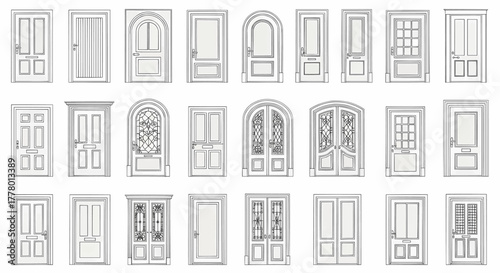 Collection of classic and modern house front door designs. A detailed architectural vector illustration set