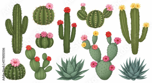 A vibrant collection of desert cacti and succulent plants with colorful flowers, vector illustration set
