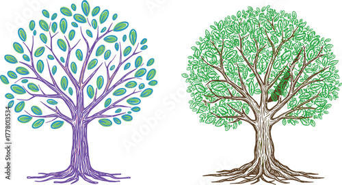 Colorful abstract tree with roots and branches, artistic hand-drawn nature illustration, green eco design, creative botanical artwork