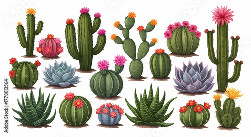 A collection of colorful cartoon cactus and succulent plants. Vector illustration set isolated on white
