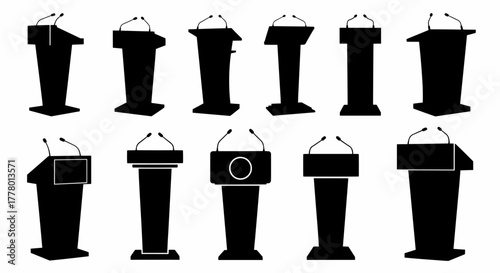 A collection of various podium and lectern silhouettes for presentations, a black vector illustration set