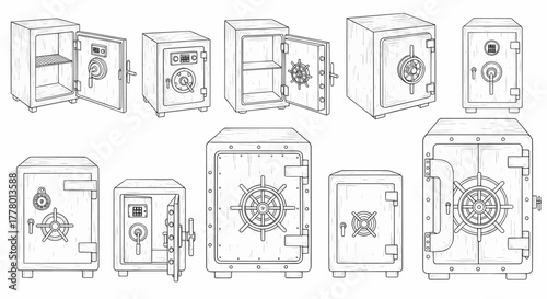 Collection of hand-drawn safe box sketches. Security and wealth protection concept vector illustration