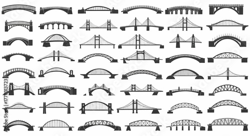 A comprehensive collection of various bridge silhouettes and archway icons, a detailed vector illustration