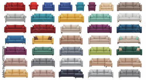 A large collection of colorful sofas and couches for interior design projects. Flat furniture vector illustration