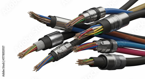 A collection of industrial electrical cables with connectors, showing exposed copper wires, a vector illustration