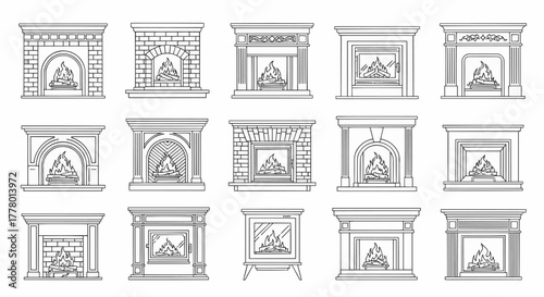 Collection of various fireplace designs in a linear style, isolated vector illustration set on white