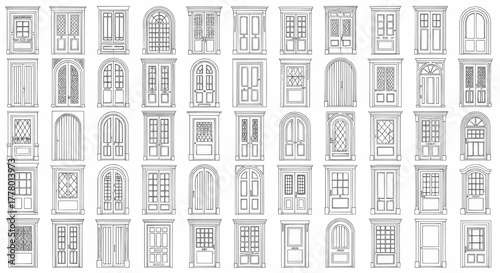 A comprehensive collection of classic architectural doors and windows. Black and white line art vector illustration