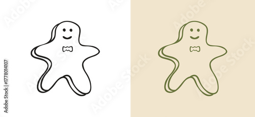hand-drawn doodle illustration of a classic gingerbread man cookie with an easy smile and bow tie icing decoration.  sweet vector icon for winter and holiday baking designs. Outline style graphic.