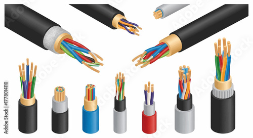 A realistic collection of various electric and communication cables with internal structure, vector illustration