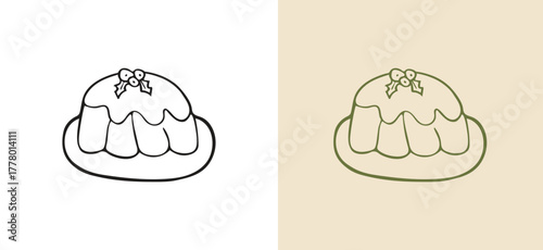 Classic hand-drawn doodle illustration of a beautiful Bundt cake topped with drizzled icing or a glaze. A simple, sweet vector icon for holiday, baking, and winter desserts ,focusing on outline style.