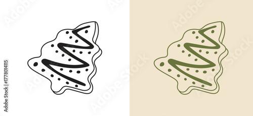 Whimsical hand-drawn doodle illustration of a baked gingerbread sugar cookie shaped like a fir tree, with detailed icing and sprinkles. Great line art vector for winter, baking, holiday treats.
