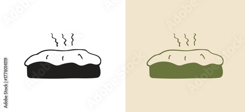 hand-drawn doodle illustration of a freshly baked pie in a pan, with steam rising.line art vector represents comfort food, baking, and winter treats (e.g., apple, pumpkin, mince). Rustic outline style