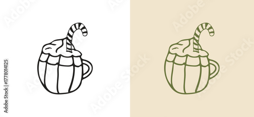 Cozy hand-drawn doodle illustration of a hot chocolate or cocoa beverage in a striped mug, generously topped with whipped cream and a peppermint candy cane. Perfect line art vector for winter holiday.