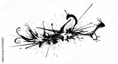 Abstract black ink splatter dragon creature with dynamic splashes and grunge elements, a vector illustration