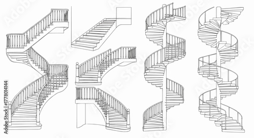Collection of various architectural staircase designs including spiral and straight, a line art vector illustration