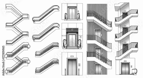 Set of architectural elements including escalators, elevators, and stairs in a line art vector illustration