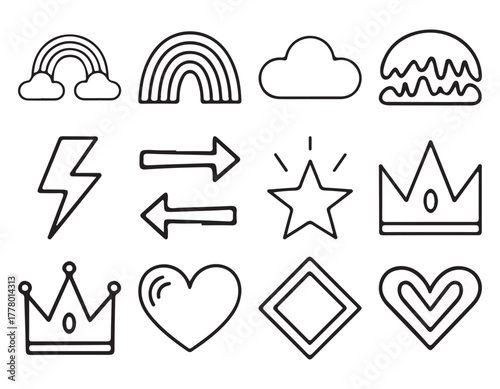 Set of hand drawn doodle elements with black outlines on white
