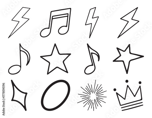 Set of Various Hand Drawn Doodle Elements Including Music and Crown