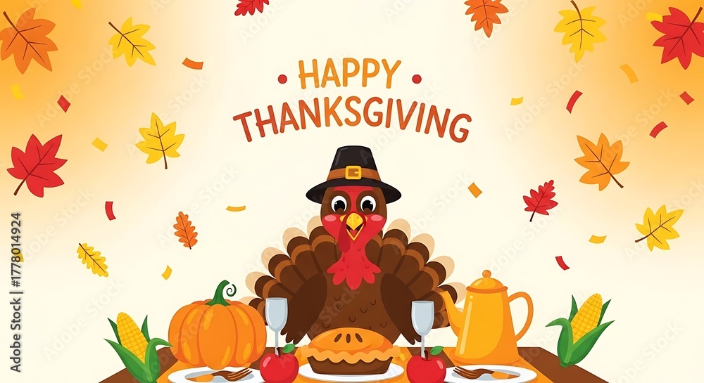 Naklejka premium Festive thanksgiving illustration featuring a turkey wearing a pilgrim hat, a table with food, and falling leaves on a light orange background