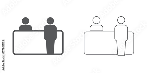 Exhibitor icons in black outline, solid and colored style.Information kiosk with paper brochure for help desk customer service assistance point tourist guide booth support center vector solid glyph ic