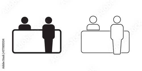 Exhibitor icons in black outline, solid and colored style.Information kiosk with paper brochure for help desk customer service assistance point tourist guide booth support center vector solid glyph ic