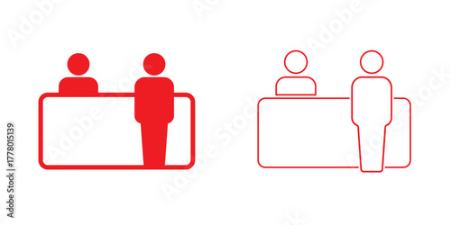 Exhibitor icons in black outline, solid and colored style.Information kiosk with paper brochure for help desk customer service assistance point tourist guide booth support center vector solid glyph ic