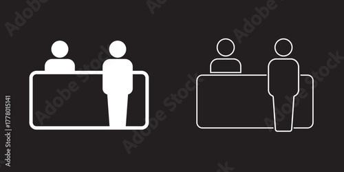 Exhibitor icons in black outline, solid and colored style.Information kiosk with paper brochure for help desk customer service assistance point tourist guide booth support center vector solid glyph ic