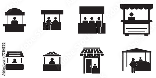 Exhibitor icons in black outline, solid and colored style.Information kiosk with paper brochure for help desk customer service assistance point tourist guide booth support center vector solid glyph ic