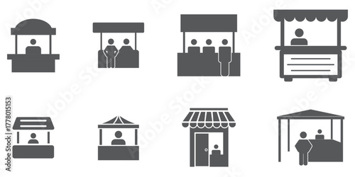 Exhibitor icons in black outline, solid and colored style.Information kiosk with paper brochure for help desk customer service assistance point tourist guide booth support center vector solid glyph ic