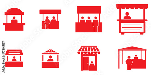 information booth icons with people and info symbols in outline and flat style , help desk customer service assistance point tourist guide booth support center icon