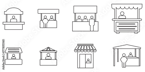 information booth icons with people and info symbols in outline and flat style , help desk customer service assistance point tourist guide booth support center icon