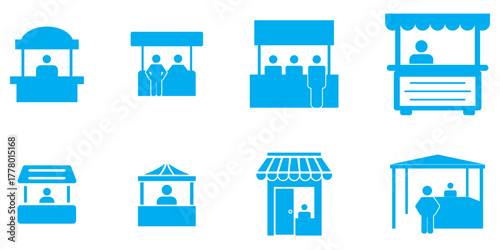 information booth icons with people and info symbols in outline and flat style , help desk customer service assistance point tourist guide booth support center icon