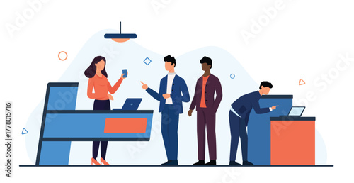 Business exhibition event with expo workers show demo products to visitors. People visit company exposition, exhibitors stand at counter for commercial presentation cartoon vector illustration