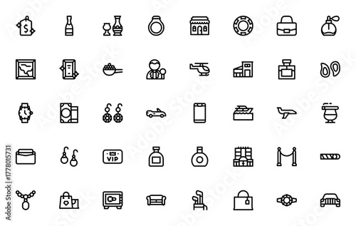 Luxury Lifestyle icon set. Vector illustration pack.Includes symbols for yatch gold, casino, shopping, prfume, money, vip, car andmore. Editable stroke.